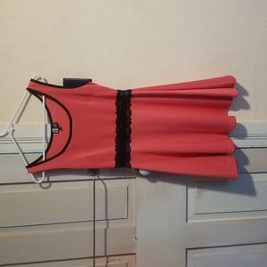 Coral and black dress, black lace is see though, L